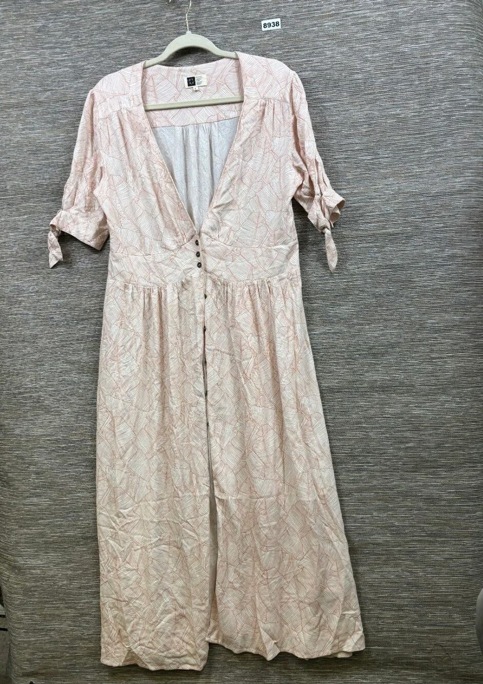 Lira Maxi Dress Women's L Pink White Leaf Print Button Front Boho Short Sleeve